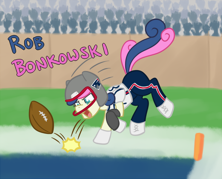 Size: 750x606 | Tagged: safe, artist:atlur, banned from derpibooru, deleted from derpibooru, derpibooru import, bon bon, sweetie drops, american football, bonafied, bonpun, champions, helmet, new england patriots, nfl, pun, rob gronkowski, sports, super bowl, super bowl xlix