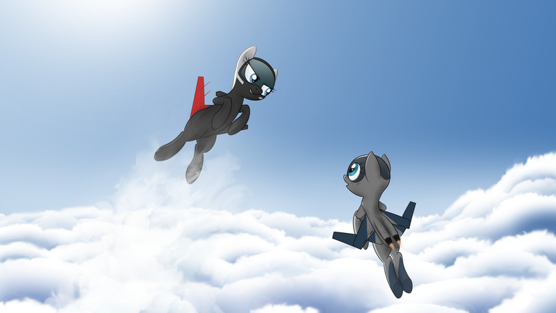 Size: 4096x2304 | Tagged: safe, artist:jh, banned from derpibooru, deleted from derpibooru, derpibooru import, oc, oc:aurora, oc:morgan, unofficial characters only, original species, plane pony, pony, ace combat, ace combat zero, adfx-02 morgan, cloud, eye contact, female, flying, glare, grin, looking at each other, mare, open mouth, plane, sky, smiling, smirk, wide eyes, x-02 wyvern