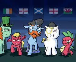 Size: 1280x1047 | Tagged: safe, artist:southparktaoist, banned from derpibooru, deleted from derpibooru, derpibooru import, oc, ponified, unofficial characters only, dragon, pegasus, pony, unicorn, :i, ask, beard, bowler hat, clothes, colt, england, facial hair, fat, floppy ears, frown, glare, hat, ireland, kilt, looking at you, male, monocle, moustache, nation ponies, northern ireland, one eye closed, scotland, spread wings, stallion, stereotype, thefyrefly, top hat, tumblr, wales, wings, wink