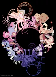 Size: 2000x2757 | Tagged: safe, artist:spacekitty, banned from derpibooru, deleted from derpibooru, derpibooru import, apple bloom, applejack, derpy hooves, discord, fluttershy, pinkie pie, princess celestia, princess luna, rainbow dash, rarity, scootaloo, spike, sweetie belle, twilight sparkle, twilight sparkle (alicorn), alicorn, pony, apple, apple tree, barrel, bucking, female, food, mare, party cannon, scooter, tiberus, tree