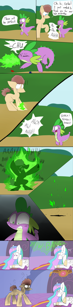 Size: 1800x7549 | Tagged: safe, artist:input-command, banned from derpibooru, deleted from derpibooru, derpibooru import, princess celestia, spike, oc, alicorn, earth pony, pony, comic, exclamation point, eyes closed, fire, fire breath, floppy ears, green fire, open mouth, prone, question mark, screaming, smiling, sneezing, surprised, teleportation mishap