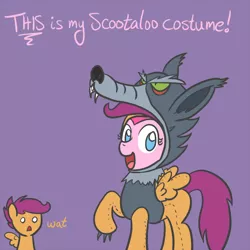 Size: 650x650 | Tagged: safe, artist:atlur, banned from derpibooru, deleted from derpibooru, derpibooru import, pinkie pie, scootaloo, animal costume, clothes, costume, wolf costume