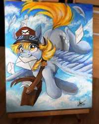 Size: 914x1140 | Tagged: safe, artist:dvixie, banned from derpibooru, deleted from derpibooru, derpibooru import, derpy hooves, pegasus, pony, acrylic painting, cap, female, flying, hat, letter, mailbag, mailmare, mare, mouth hold, solo, traditional art