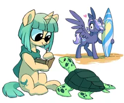 Size: 800x666 | Tagged: safe, artist:lopoddity, banned from derpibooru, deleted from derpibooru, derpibooru import, oc, oc:marina, oc:wave rider, unofficial characters only, pegasus, pony, turtle, pandoraverse, beach, female, lesbian, marinarider, next generation, oc x oc, offspring, offspring's offspring, parent:oc:aerostorm, parent:oc:bruce, parents:oc x oc, shipping, spread wings, surfboard, wingboner, wings