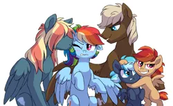 Size: 1280x782 | Tagged: safe, artist:lopoddity, banned from derpibooru, deleted from derpibooru, derpibooru import, dumbbell, rainbow dash, oc, oc:aerostorm, oc:ember, oc:misty, pandoraverse, alternate hairstyle, blushing, dumbdash, embarrassed, family photo, female, floppy ears, frown, grin, hug, kissing, male, next generation, offspring, one eye closed, parent:dumbbell, parent:rainbow dash, parents:dumbdash, shipping, sitting, smiling, smirk, spread wings, straight, twins, winghug, wings, wink