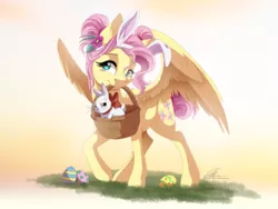 Size: 1300x975 | Tagged: safe, artist:dvixie, banned from derpibooru, deleted from derpibooru, derpibooru import, angel bunny, fluttershy, pegasus, pony, alternate hairstyle, bunny ears, bunny hood, cute, easter, easter egg, female, holiday, mare, mouth hold, shyabetes