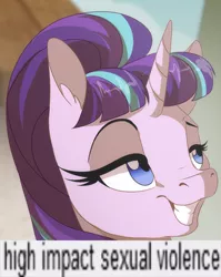 Size: 385x484 | Tagged: suggestive, artist:dvixie, banned from derpibooru, deleted from derpibooru, derpibooru import, edit, starlight glimmer, caption, cropped, crossing the memes, expand dong, exploitable meme, high impact sexual violence, image macro, meme, memeception, text
