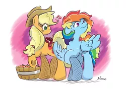 Size: 1024x742 | Tagged: safe, artist:dilarus, banned from derpibooru, deleted from derpibooru, derpibooru import, applejack, rainbow dash, appledash, butt touch, feathermarking, female, lesbian, never doubt tchernobog's involvement, shipping, surprised