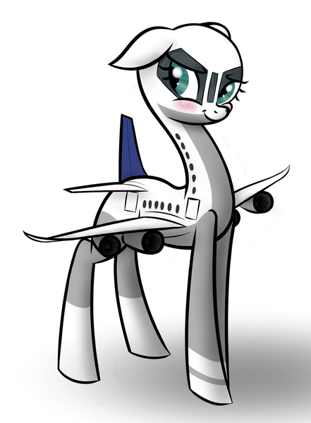 Size: 1234x1678 | Tagged: safe, artist:jh, banned from derpibooru, deleted from derpibooru, derpibooru import, oc, unofficial characters only, original species, plane pony, pony, a340-600, blushing, long neck, lufthansa, plane, solo