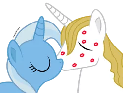 Size: 1026x779 | Tagged: safe, artist:paulysentry, banned from derpibooru, deleted from derpibooru, derpibooru import, prince blueblood, trixie, pony, unicorn, bluetrix, female, great and powerful kisses, kiss mark, kissing, lipstick, male, mare, shipping, straight