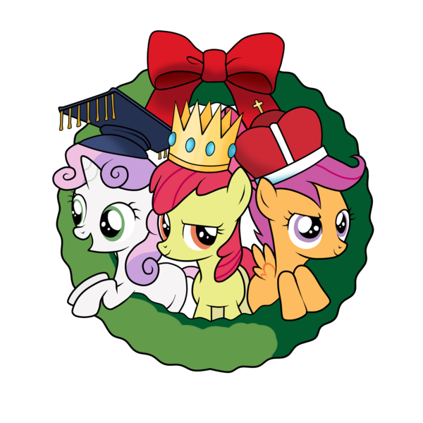 Size: 1712x1712 | Tagged: safe, artist:southparktaoist, banned from derpibooru, deleted from derpibooru, derpibooru import, apple bloom, scootaloo, sweetie belle, balthazar, caspar, chinese text, christmas, crown, cutie mark crusaders, holiday, jewelry, melchior, regalia, the magi, the three kings, three wise men, wreath
