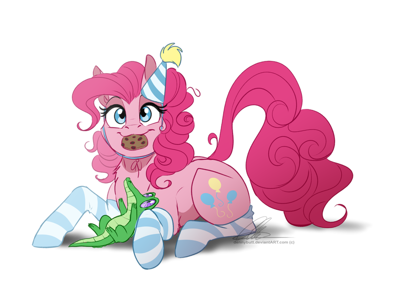 Size: 1154x866 | Tagged: safe, artist:dvixie, banned from derpibooru, deleted from derpibooru, derpibooru import, gummy, pinkie pie, earth pony, pony, chest fluff, clothes, cookie, cute, diapinkes, duo, female, food, gummybetes, hat, leg fluff, mare, mouth hold, party hat, signature, smiling, socks, solo, striped socks