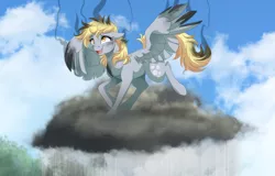 Size: 900x577 | Tagged: safe, artist:dvixie, banned from derpibooru, deleted from derpibooru, derpibooru import, derpy hooves, pegasus, pony, the last roundup, cloud, cloudy, cropped, cute, derpabetes, female, i just don't know what went wrong, mare, scene interpretation, singed