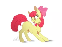 Size: 1154x866 | Tagged: dead source, safe, artist:dvixie, banned from derpibooru, deleted from derpibooru, derpibooru import, apple bloom, earth pony, pony, adorabloom, bow, cute, female, hair bow, looking back, open mouth, simple background, smiling, solo