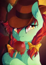 Size: 700x982 | Tagged: safe, artist:dvixie, banned from derpibooru, deleted from derpibooru, derpibooru import, candy apples, apple, apple family member, bow, braided pigtails, bust, candy, candy apple (food), food, hair bow, hat, image, jpeg, licking, portrait, solo, tongue out
