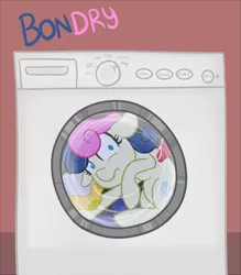 Size: 525x600 | Tagged: safe, artist:atlur, banned from derpibooru, deleted from derpibooru, derpibooru import, bon bon, sweetie drops, bonafied, bonpun, clothes, floppy ears, frown, laundry, looking at you, pun, solo, washing machine, wide eyes