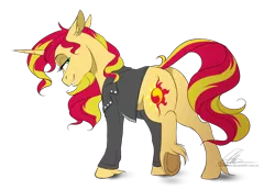 Size: 1260x870 | Tagged: safe, artist:dvixie, banned from derpibooru, deleted from derpibooru, derpibooru import, sunset shimmer, pony, unicorn, bedroom eyes, butt, clothes, cute, floppy ears, grin, jacket, looking at you, looking back, plot, raised leg, shimmerbetes, smiling, solo, underhoof, unshorn fetlocks