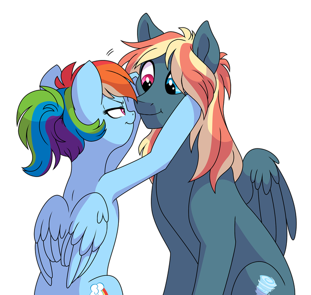 Size: 1262x1200 | Tagged: safe, artist:lopoddity, banned from derpibooru, deleted from derpibooru, derpibooru import, rainbow dash, oc, oc:aerostorm, pandoraverse, female, heterochromia, male, mother and child, mother and son, next generation, offspring, parent:dumbbell, parent:rainbow dash, parents:dumbdash, ponytail, simple background, white background