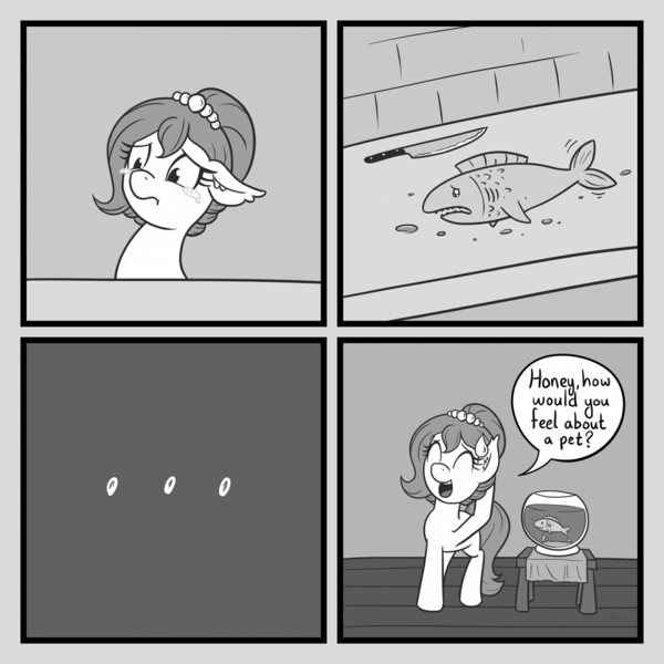 Size: 1200x1200 | Tagged: safe, artist:atlur, banned from derpibooru, deleted from derpibooru, derpibooru import, oc, oc:brownie bun, unofficial characters only, fish, comic, crying, dialogue, ear fluff, eyes closed, fishbowl, good end, grayscale, knife, monochrome, sad, solo, speech bubble, teary eyes