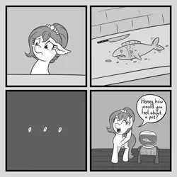 Size: 1200x1200 | Tagged: safe, artist:atlur, banned from derpibooru, deleted from derpibooru, derpibooru import, oc, oc:brownie bun, unofficial characters only, fish, comic, crying, dialogue, ear fluff, eyes closed, fishbowl, good end, grayscale, knife, monochrome, sad, solo, speech bubble, teary eyes