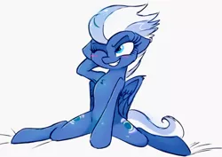 Size: 1954x1382 | Tagged: safe, artist:hiccupsdoesart, banned from derpibooru, deleted from derpibooru, derpibooru import, night glider, pegasus, pony, semi-anthro, adorasexy, anatomically incorrect, armpits, bedroom eyes, blushing, both cutie marks, chest fluff, cute, female, flexible, floppy ears, glideabetes, grin, incorrect leg anatomy, mare, one eye closed, sexy, simple background, sitting, smiling, smirk, solo, splits, spreading, spread legs, strategically covered, sultry pose, white background, wing fluff, wink