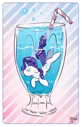 Size: 2332x3591 | Tagged: safe, artist:dilarus, banned from derpibooru, deleted from derpibooru, derpibooru import, rarity, pony, bubble, commission, cup, cup of pony, eyes closed, glass, micro, pop, soda, straw, swimming, underwater