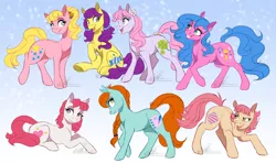 Size: 2000x1185 | Tagged: safe, artist:dvixie, banned from derpibooru, deleted from derpibooru, derpibooru import, bon bon (g1), bright eyes, clover (g1), melody, patch (g1), starlight (g1), sweetheart, my little pony tales, g1, g1 to g4, generation leap