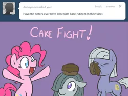 Size: 650x491 | Tagged: safe, artist:atlur, banned from derpibooru, deleted from derpibooru, derpibooru import, limestone pie, marble pie, pinkie pie, ask the pie sisters, ask, cake, food, pie sisters, siblings, sisters, tumblr