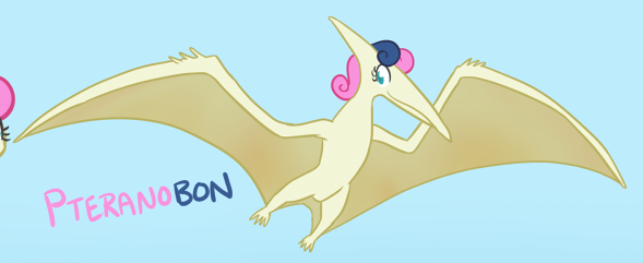 Size: 589x241 | Tagged: safe, artist:atlur, banned from derpibooru, deleted from derpibooru, derpibooru import, bon bon, sweetie drops, dinosaur, pteranodon, pterosaur, bonafied, bonpun, prehistoric, pun, species swap