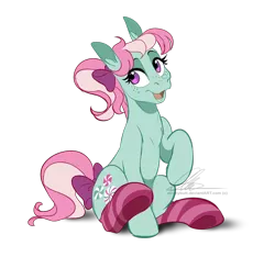 Size: 942x883 | Tagged: safe, artist:dvixie, banned from derpibooru, deleted from derpibooru, derpibooru import, minty, bow, clothes, g3, open mouth, raised hoof, simple background, sitting, socks, solo, striped socks, tail bow, transparent background, underhoof