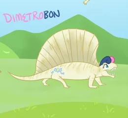 Size: 473x436 | Tagged: safe, artist:atlur, banned from derpibooru, deleted from derpibooru, derpibooru import, bon bon, sweetie drops, dimetrodon, bonafied, bonpun, prehistoric, pun, solo, species swap, synapsid