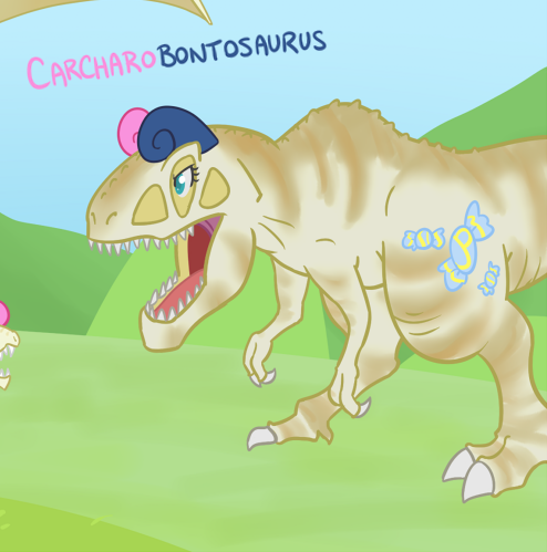 Size: 494x499 | Tagged: safe, artist:atlur, banned from derpibooru, deleted from derpibooru, derpibooru import, bon bon, sweetie drops, carcharodontosaurus, dinosaur, bonafied, bonpun, dinosaurified, jurassic park, open mouth, prehistoric, pun, species swap