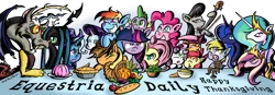 Size: 4750x1662 | Tagged: safe, artist:southparktaoist, banned from derpibooru, deleted from derpibooru, derpibooru import, apple bloom, applejack, derpy hooves, discord, fluttershy, octavia melody, pinkie pie, princess cadance, princess celestia, princess luna, queen chrysalis, rainbow dash, rarity, scootaloo, spike, sweetie belle, trixie, twilight sparkle, alicorn, changeling, changeling queen, draconequus, dragon, earth pony, pegasus, pony, unicorn, equestria daily, cornucopia, cutie mark crusaders, female, filly, food, holiday, jello, male, mane six, mare, pie, thanksgiving, tongue out