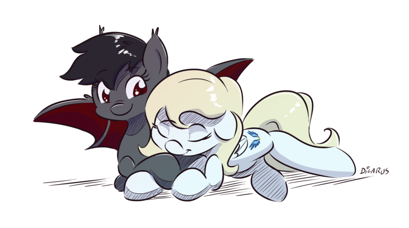 Size: 3540x1972 | Tagged: safe, artist:dilarus, banned from derpibooru, deleted from derpibooru, derpibooru import, oc, oc:freyja angel, oc:qetesh, unofficial characters only, bat pony, pegasus, pony, snuggling