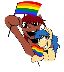 Size: 1000x1119 | Tagged: safe, artist:acesential, banned from derpibooru, deleted from derpibooru, derpibooru import, oc, oc:equalizer, oc:penn, unofficial characters only, pony, flag, gay, gay pride flag, happy, hoof hold, male, oc x oc, pride, pride flag, shipping, simple background, stallion, transparent background