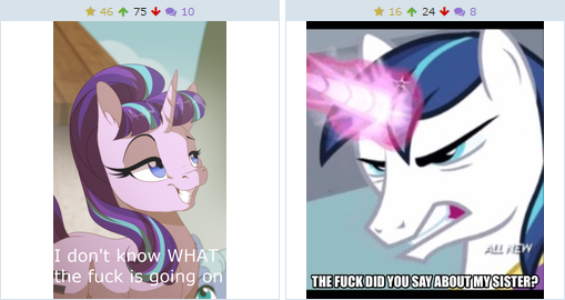 Size: 509x270 | Tagged: safe, artist:dvixie, banned from derpibooru, deleted from derpibooru, derpibooru import, edit, shining armor, starlight glimmer, derpibooru, angry, exploitable meme, juxtaposition, meme, meta, vulgar