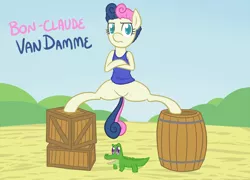 Size: 800x576 | Tagged: safe, artist:atlur, banned from derpibooru, deleted from derpibooru, derpibooru import, bon bon, gummy, sweetie drops, barrel, bonafied, bonpun, clothes, crate, flexible, jean-claude van damme, pun, splits, tanktop