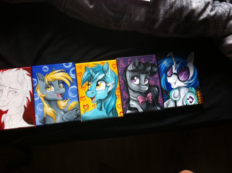 Size: 1280x956 | Tagged: safe, artist:dvixie, banned from derpibooru, deleted from derpibooru, derpibooru import, derpy hooves, doctor whooves, lyra heartstrings, octavia melody, time turner, vinyl scratch, pony, male, stallion, traditional art, wip