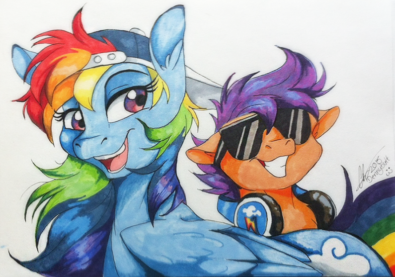 Size: 795x557 | Tagged: safe, artist:dvixie, banned from derpibooru, deleted from derpibooru, derpibooru import, rainbow dash, scootaloo, pegasus, pony, baseball cap, cap, cute, cutealoo, dashabetes, duo, female, filly, glasses, grin, hat, headphones, mare, markers, open mouth, scootalove, smiling, sunglasses, traditional art