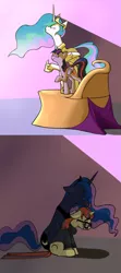 Size: 1667x3751 | Tagged: safe, artist:sand-filled-scarecrow, banned from derpibooru, deleted from derpibooru, derpibooru import, moondancer, princess celestia, princess luna, twilight sparkle, twilight sparkle (alicorn), alicorn, pony, amending fences, crying, female, mare, sad, shadow