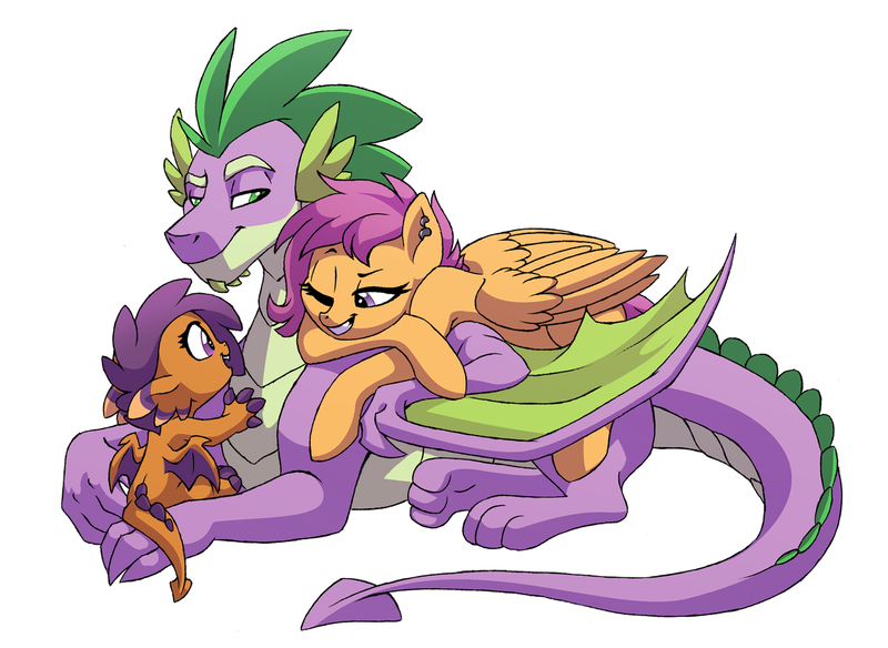 Size: 1280x934 | Tagged: safe, artist:lopoddity, banned from derpibooru, deleted from derpibooru, derpibooru import, scootaloo, spike, oc, oc:jasper, dracony, dragon, hybrid, pony, pandoraverse, female, interspecies offspring, male, next generation, offspring, older, older spike, parent:scootaloo, parent:spike, parents:scootaspike, punk, quadrupedal spike, scootaspike, shipping, straight, winged spike