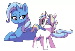 Size: 1280x867 | Tagged: safe, artist:lopoddity, banned from derpibooru, deleted from derpibooru, derpibooru import, trixie, oc, oc:moondancer, pony, unicorn, pandoraverse, colt, duo, female, lidded eyes, like mother like son, looking at each other, looking back, male, mare, mother, mother and child, mother and son, next generation, offspring, open mouth, parent:prince blueblood, parent:trixie, parents:bluetrix, prone, simple background, smiling, son, white background