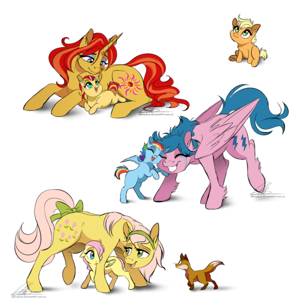 Size: 1242x1272 | Tagged: safe, artist:dvixie, banned from derpibooru, deleted from derpibooru, derpibooru import, applejack, firefly, fluttershy, posey, rainbow dash, sunset shimmer, sunshimmer, earth pony, fox, pegasus, pony, unicorn, baby, babyjack, crying, female, filly, filly applejack, filly fluttershy, filly rainbow dash, filly sunset shimmer, firefly as rainbow dash's mom, foal, g1, g1 to g4, g3, g3 to g4, g4, generation leap, headcanon, mare, mother, mother and child, mother and daughter, simple background, tears of joy, transparent background, younger