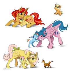 Size: 1242x1272 | Tagged: safe, artist:dvixie, banned from derpibooru, deleted from derpibooru, derpibooru import, applejack, firefly, fluttershy, posey, rainbow dash, sunset shimmer, sunshimmer, earth pony, fox, pegasus, pony, unicorn, baby, babyjack, crying, female, filly, filly applejack, filly fluttershy, filly rainbow dash, filly sunset shimmer, firefly as rainbow dash's mom, foal, g1, g1 to g4, g3, g3 to g4, g4, generation leap, headcanon, mare, mother, mother and child, mother and daughter, simple background, tears of joy, transparent background, younger