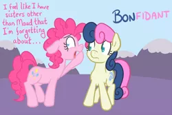 Size: 800x533 | Tagged: safe, artist:atlur, banned from derpibooru, deleted from derpibooru, derpibooru import, bon bon, pinkie pie, sweetie drops, bonafied, bonpun, hilarious in hindsight, pun, secret, whispering