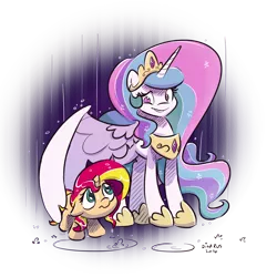 Size: 4000x4000 | Tagged: safe, artist:dilarus, banned from derpibooru, deleted from derpibooru, derpibooru import, princess celestia, sunset shimmer, alicorn, pony, unicorn, cute, cutelestia, female, filly, filly sunset shimmer, momlestia, rain, shimmerbetes, smiling, wing umbrella, younger