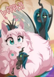 Size: 2090x2947 | Tagged: safe, artist:dvixie, banned from derpibooru, deleted from derpibooru, derpibooru import, queen chrysalis, oc, oc:fluffle puff, changeling, changeling queen, earth pony, original species, pony, :p, boop, canon x oc, chrysipuff, female, fluffy, high res, image, lesbian, noseboop, onomatopoeia, plushie, png, raspberry, raspberry noise, shipper on deck, shipping, tongue out