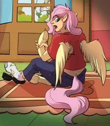 Size: 1052x1200 | Tagged: safe, artist:acesential, banned from derpibooru, deleted from derpibooru, derpibooru import, discord, fluttershy, draconequus, human, pegasus, pony, clothes, frog (hoof), human to pony, midriff, rule 63, socks, solo focus, transformation, transgender transformation, underhoof