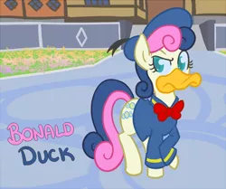 Size: 700x585 | Tagged: safe, artist:atlur, banned from derpibooru, deleted from derpibooru, derpibooru import, bon bon, sweetie drops, pony, beak, bon bon is not amused, bonafied, bonpun, crossover, disney, donald duck, hollow bastion, pun, radiant garden, sailor uniform, unamused, uniform