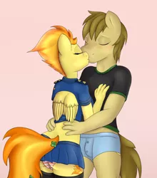 Size: 1280x1452 | Tagged: suggestive, artist:booponies, banned from derpibooru, deleted from derpibooru, derpibooru import, spitfire, oc, oc:chocolate chips, anthro, earth pony, pegasus, canon x oc, clothes, clover, crotch bulge, eyes closed, female, firechips, four leaf clover, kissing, male, panties, shipping, socks, stockings, straight, thigh highs, underwear
